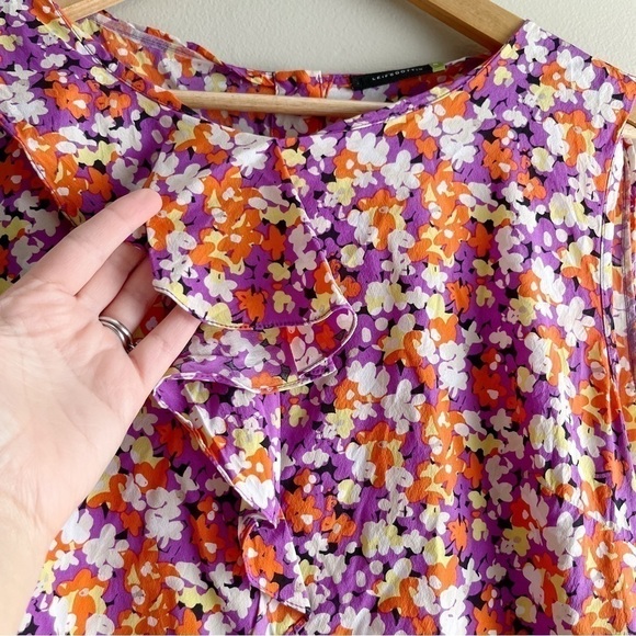 Anthropologie Leifsdottir Silk Ruffle Sleeveless Blouse Orange/Purple Florals, 8 - Picture 2 of 12